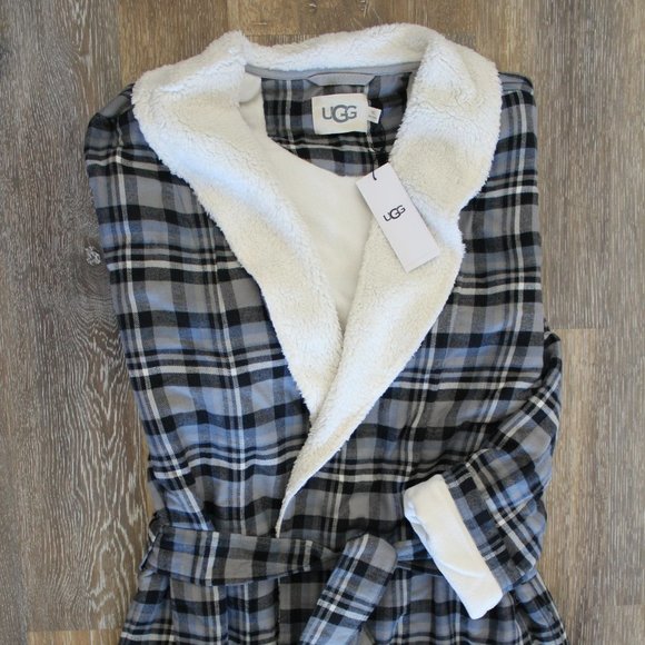 NWT UGG MEN'S‎ KALIB FLANNEL FLEECE PLUSH BATH ROBE BLUE GRAY - Picture 6 of 7